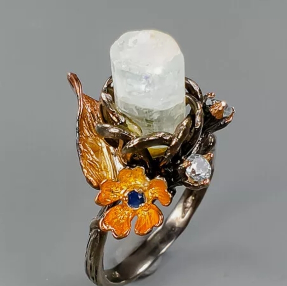 All Natural Aquamarine pillar Gemstone .925 Silver w/sapphire & Aquamarine sz8 - Picture 5 of 14